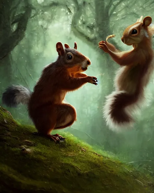 Image similar to oil painting of Anthropomorphized Squirrel attacking a monster, wearing leaf cloak,, sharp focus, fantasy style, octane render, volumetric lighting, 8k high definition, by greg rutkowski, highly detailed, trending on art Station, magic the gathering artwork, magical forest backround, centered