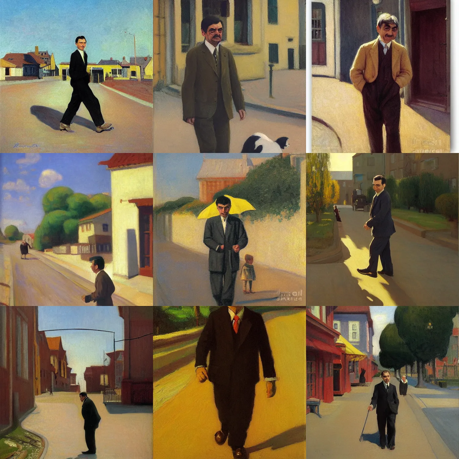 Prompt: mr. bean walks down a street on a sunny day by anna ancher