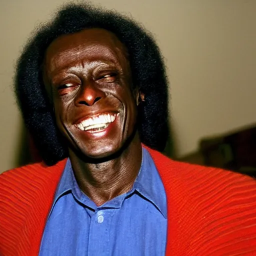 Prompt: miles davis smiling with 8 rows of sharp pointy teeth and wide eyes