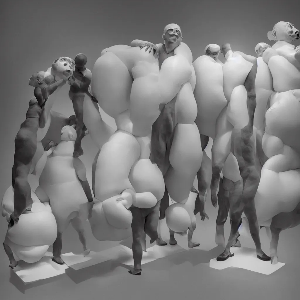 Image similar to conjoined triplets inflated to the size of cows. they are compressed into a perspex cube. they are being observed by a man. a man who has the torso of a horse inside his skull. this is the future. the year is 3 9 0 0. 3 5 mm film, art gallery with beautiful lighting. photographic masterpiece.