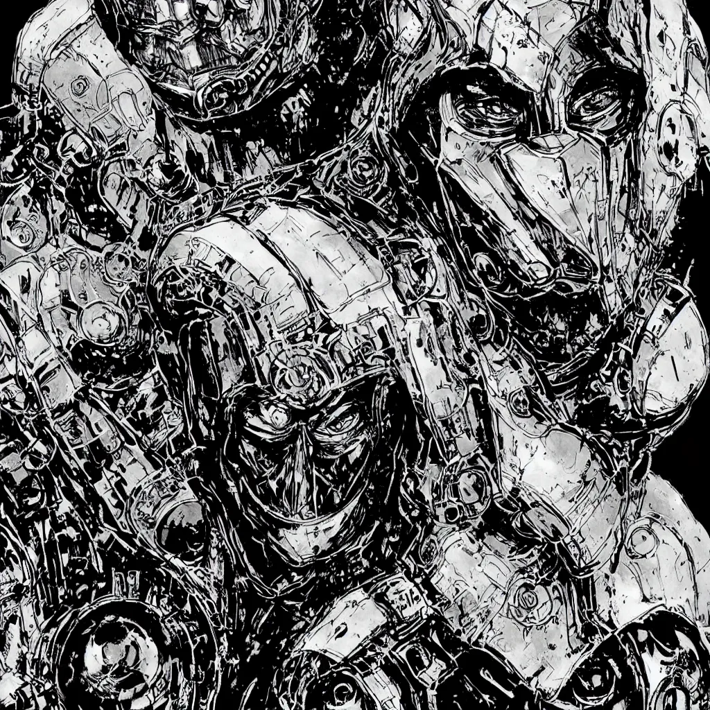 Image similar to A dramatic close-up portrait of Doctor Doom in ironpunk armor by Bill Sienkiewicz, Chris Bachalo and Michael Golden, highly detailed, 8k, sparse dark atmosphere, perfect pen and ink line art, perfect muscle structure, highly hyperdetailed and precisely inked, perfect symmetry, futuristic, dystopian, full color, Marvel Comics 1997, Heavy Metal Magazine, dim lights, high technical detail
