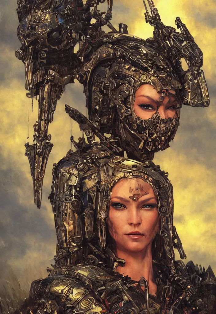 Prompt: biblical diabolical beautiful female valkyree! samurai cyborg, slick metal plastic armor, heavy eyes to the side, closeup, bright glowing eyes, in clouds, rain, sunset, portrait, by gerald brom, by mikhail vrubel, by peter elson, muted colors, extreme detail, reflections, trending on artstation, 8 k