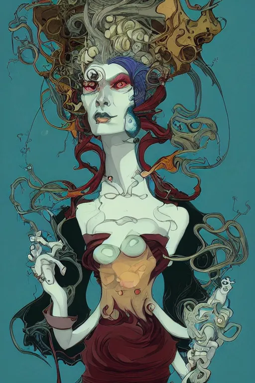 Prompt: portrait of crazy mad lady scientist, half cruella devil and half ursula chimera, stylized illustration by peter mohrbacher, moebius, mucha, victo ngai, colorful comics style