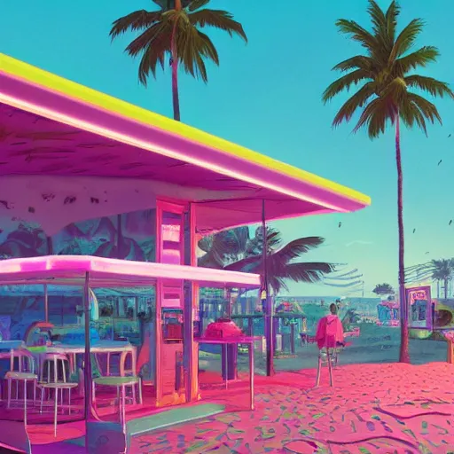 Image similar to inside psychedelic beachfront fast food restaurant with palm trees by simon stalenhag