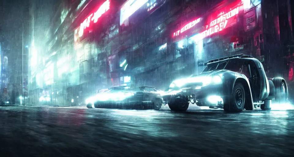 Prompt: closeup photo of combat tesla cybertruck flying over wet dystopian cyberpunk city streets at night, mad max, action, speed, volumetric lighting, hdr, need for speed, gta 5, forza, ridley scott, makoto shinkai, syd mead, craig mullins, cinematic, fast and furious, blade runner, octane, 8 k, iso 1 0 0, 1 2 mm