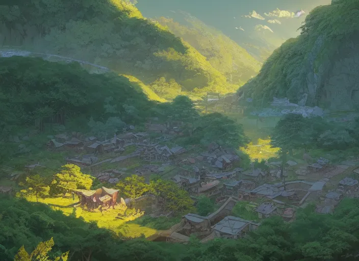 Image similar to concept art painting of a distant small woodland village by a river in a mountain valley seen from above, early morning, european japanese buildings, cel shaded, realistic, by makoto shinkai and moebius and anton fadeev and greg rutkowski and james gurney