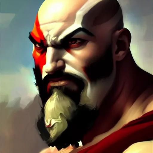 Image similar to Greg Manchess portrait painting of Kratos as Overwatch character, medium shot, asymmetrical, profile picture, Organic Painting, sunny day, Matte Painting, bold shapes, hard edges, street art, trending on artstation, by Huang Guangjian and Gil Elvgren and Sachin Teng