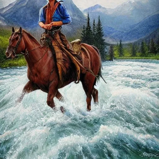 Image similar to hyper realistic painting in realism style of a cowboy on a horse crossing a river with mountains in the background