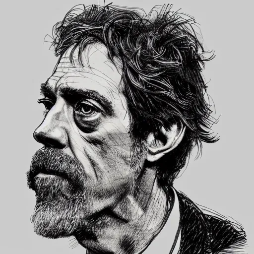 Prompt: a realistic yet scraggly portrait sketch of the side profile of a stern and sophisticated hugh laurie, trending on artstation, intricate details, in the style of frank auerbach, in the style of sergio aragones, in the style of martin ansin, in the style of david aja, in the style of mattias adolfsson