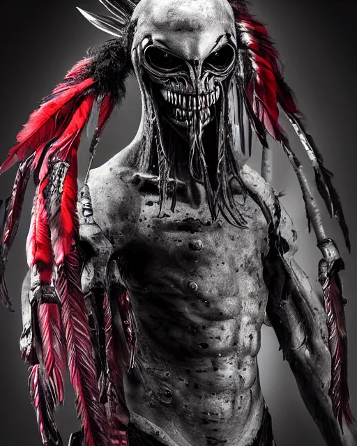 Image similar to xenomorph - human ghost - spirit of the grim - warpaint wears the scarlet skull armor and native blood headdress feathers, midnight fog - mist!, dark oil painting colors, realism, cinematic lighting, various refining methods, micro macro autofocus, ultra definition, award winning photo, photograph by ghostwave - gammell - giger - shadowlord