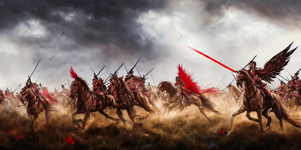 Image similar to Majestic powerfull red white Winged Hussars cavalry horde charging at ugly rainbow demons and trolls on ground, huge golden cross above them on the sky, white red eagle helping hussars, blood, snow, wide angle, professional kodak lenses, magic, fire, face painting, dramatic lighting, intricate, wild, highly detailed, digital painting, artstation, concept art, smooth, sharp focus, illustration, art by artgerm and greg rutkowski and alphonse mucha, footage from space camera