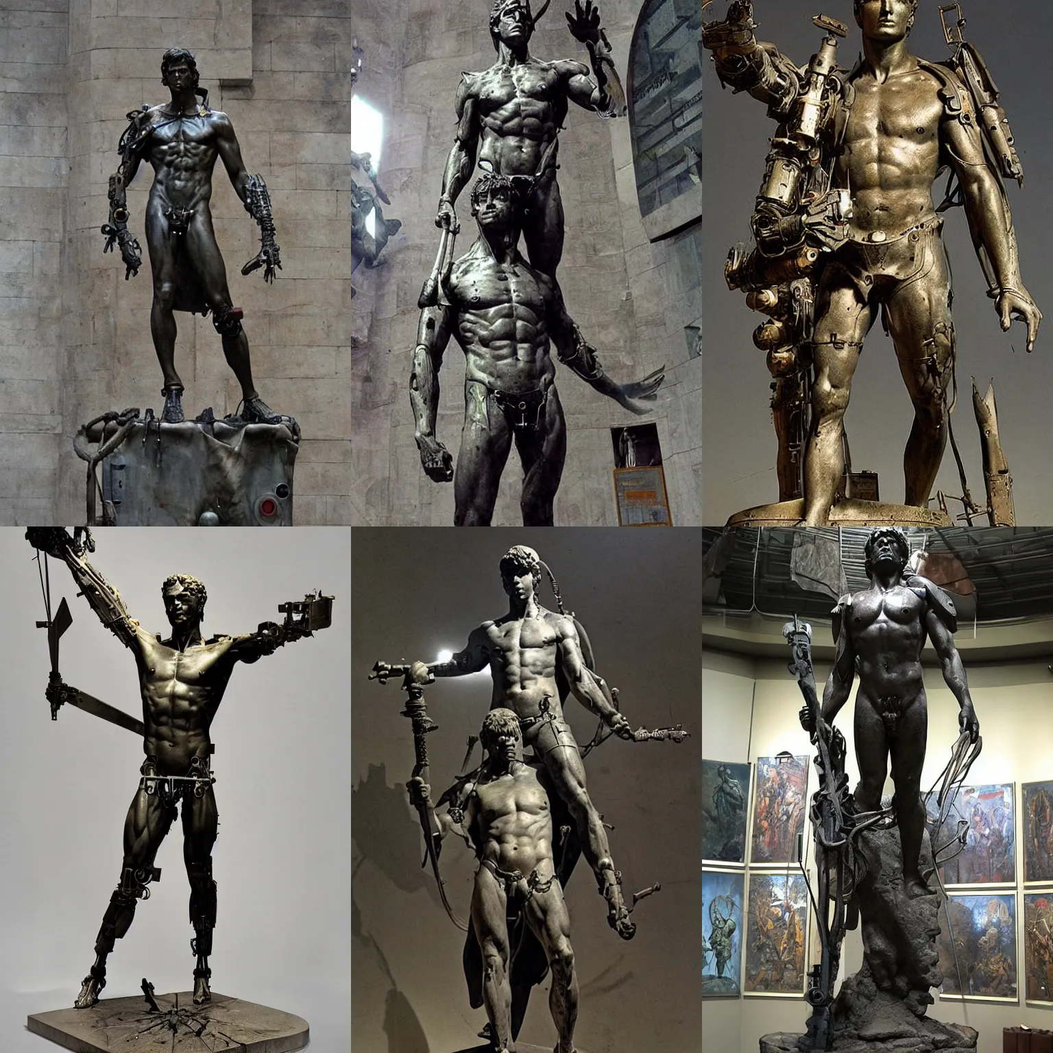 Prompt: the statue of david as a cyborg, dystopian museum, by frank frazetta