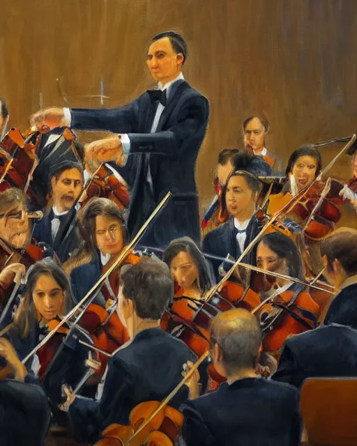 Prompt: an ultra detailed oil painting of a long shot portrait of an orchestra conductor on the rostrum, symphony ensemble, baton in motion, motion blur, triadic color scheme, theatre lighting, focus on wand