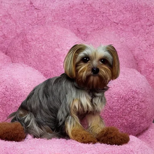 Image similar to yorkiepoo sitting in a pile of mochi, realistic, hd