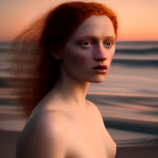 Image similar to photographic portrait of a stunningly beautiful english renaissance female in soft dreamy light at sunset, beside the sea, fire glow, soft focus, contemporary fashion shoot, in a denis villeneuve and tim burton movie, by edward robert hughes, annie leibovitz and steve mccurry, david lazar, jimmy nelsson, extremely detailed, breathtaking, hyperrealistic, perfect face, octane render