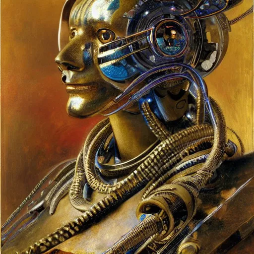 Image similar to highly detailed portrait of a robotic humanoid tiger mecha, painting by gaston bussiere, craig mullins, j. c. leyendecker, lights, art by ernst haeckel, john william godward, hammershøi, alex grey, dmt