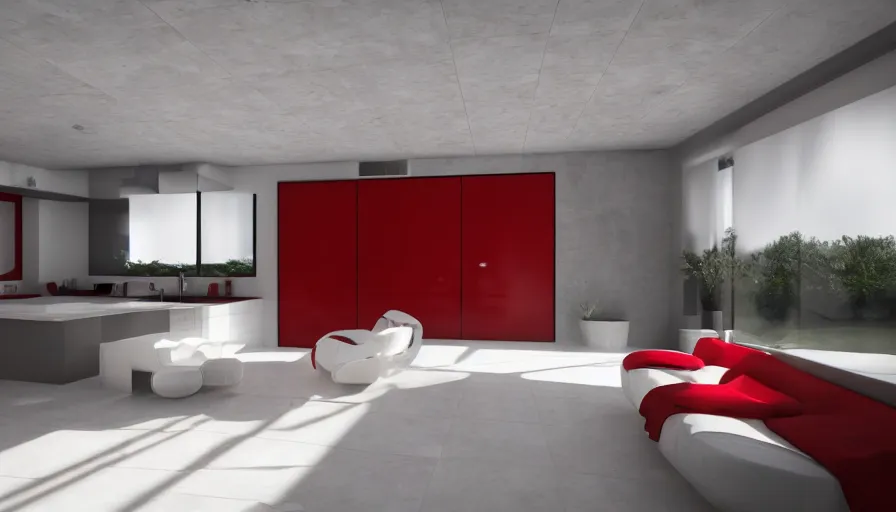 Image similar to interior photo of a ceramic tile futuristic house, octane render, minimalism, white and red colour palette, dramatic lighting