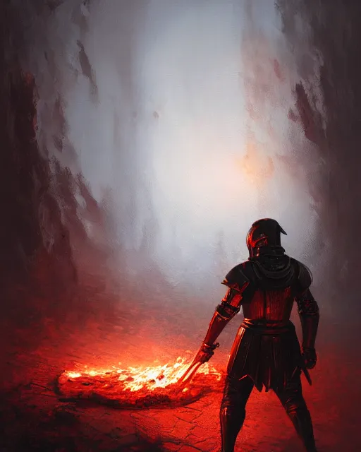 Image similar to Hyper realistic painting of a knight with armor made out of flaming embers, cracks in the armor, reflected light, red lighting, dark fantasy, fog, by greg rutkowski, trending on artstation