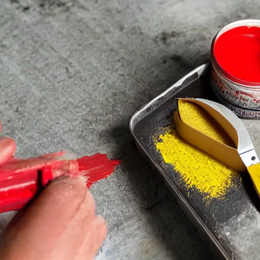 Prompt: dipping a red brick into a tin of yellow paint