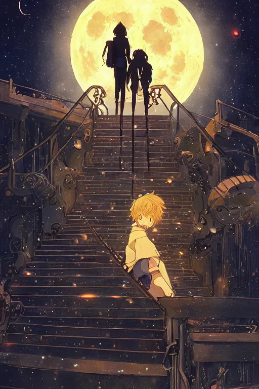 Image similar to a full moon containing the glimmering stairways to otherworldly galaxies, high intricate details, rule of thirds, golden ratio, cinematic light, anime style, graphic novel by fiona staples and dustin nguyen, by beaststars and orange, peter elson, alan bean, studio ghibli, makoto shinkai