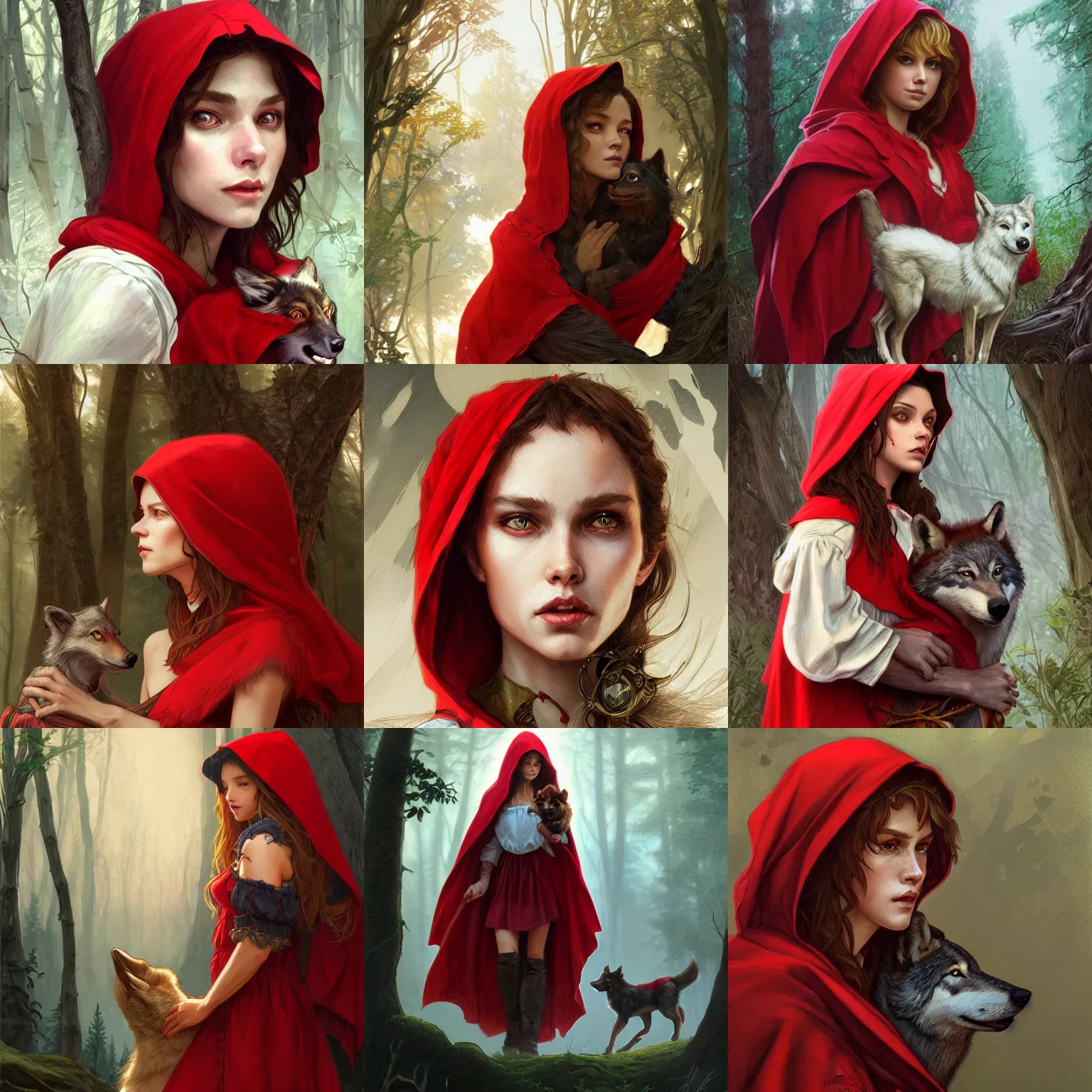 Prompt: Portrait of Little Red Riding Hood with a wolf, intricate, wild, highly detailed, digital painting, artstation, 8k, concept art, smooth, sharp focus, illustration, art by artgerm and greg rutkowski and alphonse mucha