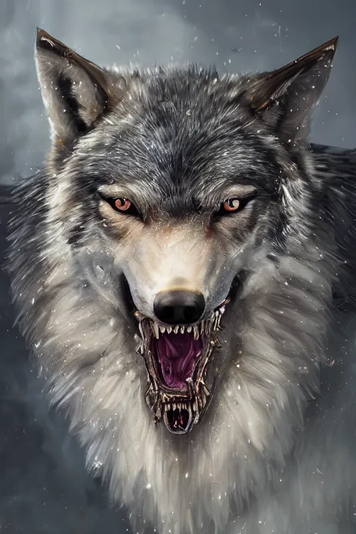 Prompt: a fancy portrait of a zombiefid wolf with crystal teeth by Greg Rutkowski, Sung Choi, Mitchell Mohrhauser, Maciej Kuciara, Johnson Ting, Maxim Verehin, Peter Konig, final fantasy , mythical, 8k photorealistic, cinematic lighting, HD, high details, atmospheric,