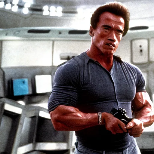 Image similar to arnold schwarzenegger in total recall, looks photorealistic, hyper-detailed