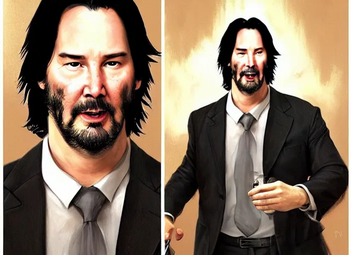 Prompt: fat! keanu reeves at an office birthday party, elegant intricate digital painting artstation concept art by mark brooks and brad kunkle detailed