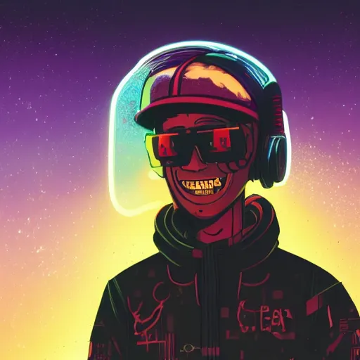 Image similar to in the style of ghostshrimp and deathburger and laurie greasley a young mixed race male explorer wearing a cyberpunk headpiece who is smiling whilst exploring a luminescent field at nighttime, low angle fish eye lens, highly detailed, 8k wallpaper