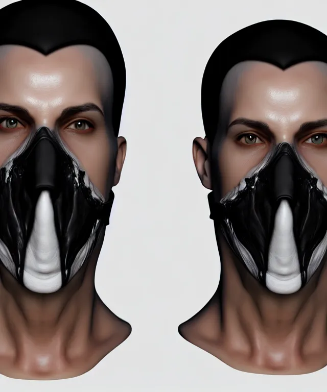 Image similar to white man with black fabric mask, short dark hair, highly detailed face!!!, true anatomy!, extremely detailed!, digital painting, unreal engine 5, art by alberto mielgo