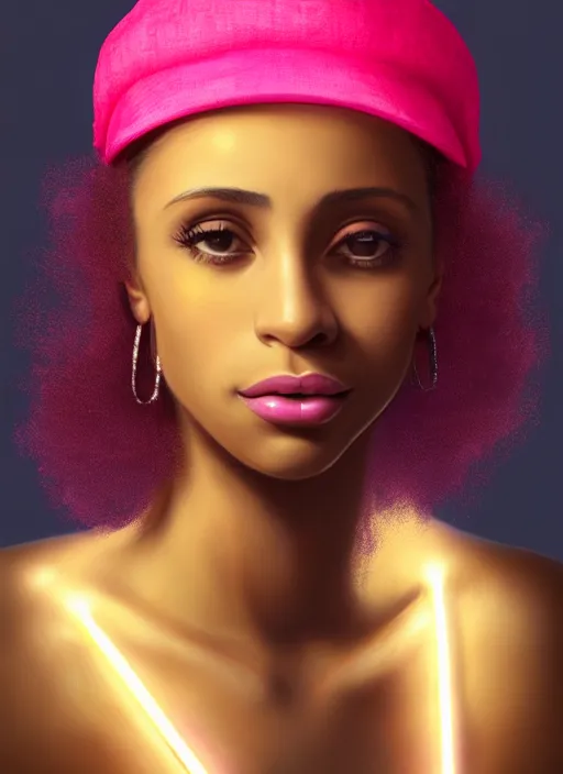 Image similar to portrait of young vanessa morgan with bright pink hair, black girl, vanessa morgan, curly pixie cut hair, wearing newsboy cap, newsboy cap, hoop earrings, intricate, elegant, glowing lights, highly detailed, digital painting, artstation, concept art, smooth, sharp focus, illustration, art by wlop, mars ravelo and greg rutkowski