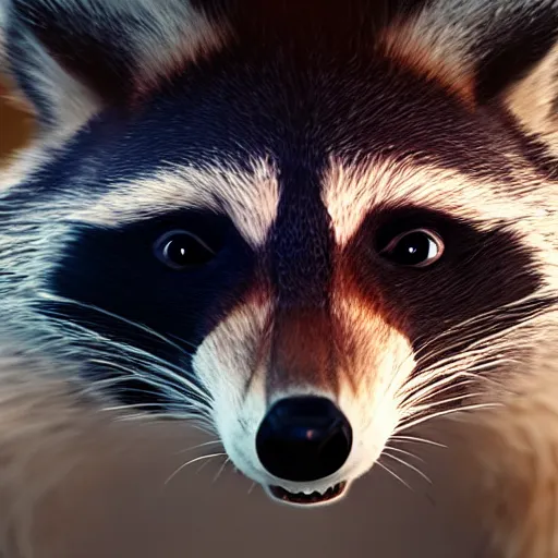 Image similar to a hyperrealistic octane render of a raccoon with camera lenses for eyes, photorealism, unreal engine, dramatic lighting, volumetric lighting, uplighting