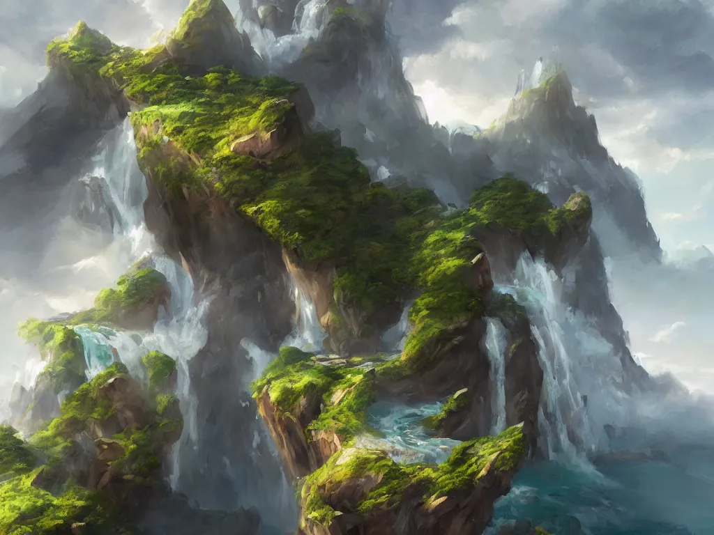 Prompt: A beautiful concept art painting of a giant levitating mountain island with waterfalls falling off its edges, by Natasha Tan, trending on artstation, dramatic lighting