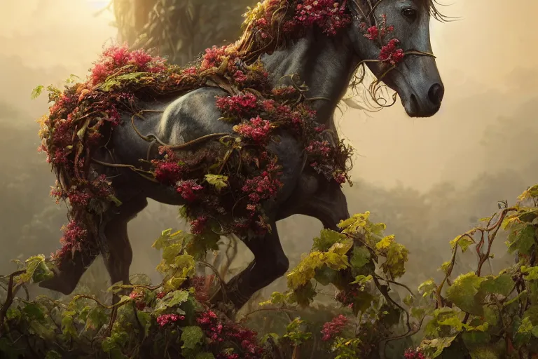 Image similar to a stunning horse with a mane of vines and flowers by greg rutkowski, high key lighting, volumetric light, digital art, highly detailed, fine detail, intricate, ornate, complex, octane render, unreal engine, photorealistic