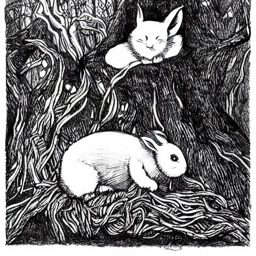 Image similar to a pen and ink drawing of a white rabbit smoking a cigarette while reclining in a deep dark tangled forest, a lingering smoke cloud, childrens book illustration, by edward gorey, by gustav dore