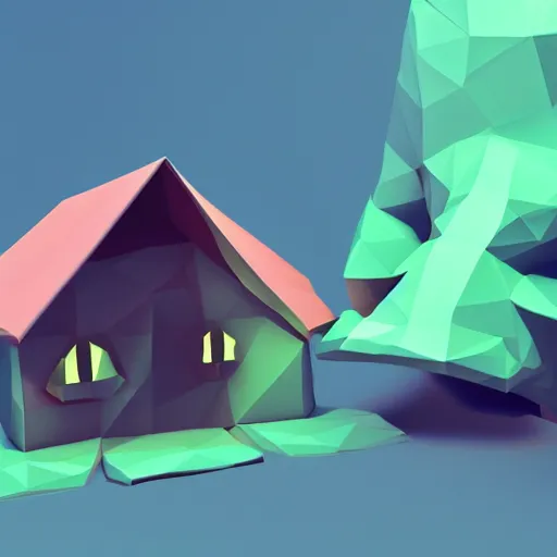 Prompt: a low poly creature inviting you into its house