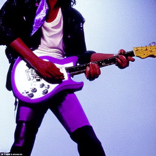 Prompt: candid photo of Prince playing guitar in purple rain reality