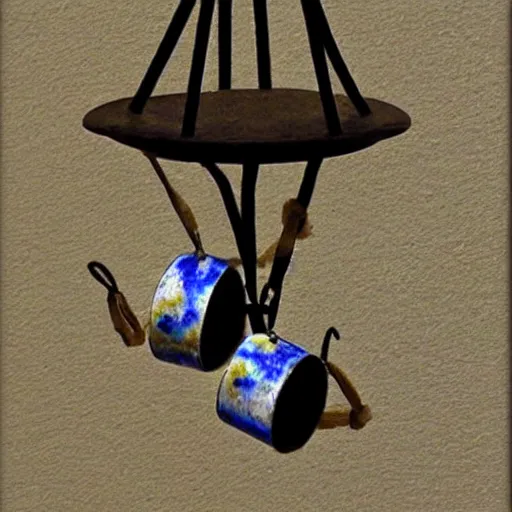 Prompt: This is a sketch of a wind chime made from the pieces of a broken mug. It shows the mug handle as the top piece with strings attached to it, and the bottom pieces of the mug hanging down like little bells, sketch, illustration