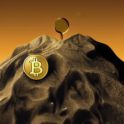 Prompt: a pile of bitcoins melting into gold flow into a crucible which is cracked and leaking into a desert as a metaphor global warming