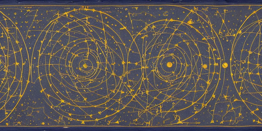 Image similar to ancient cosmic map of the various holes in the universe where time travelers can sneak through the fabric of space time. deep dark blue with colorful planets and constellations and radiating gold lines and circles, with intricate border. latin notations everywhere. map has been folded and dirtied many times over the centuries