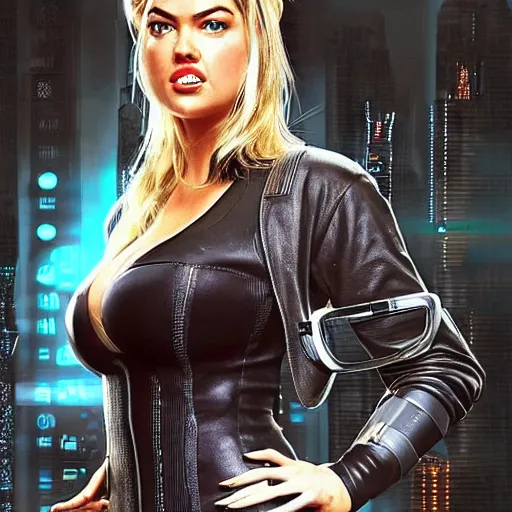 Image similar to full body photo of kate upton as a cyberpunk thief warrior