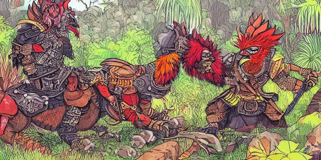 Prompt: colorful illustration of an armoured warrior rooster in a dense jungle, mix of styles, angry, aggressive, blood, battle