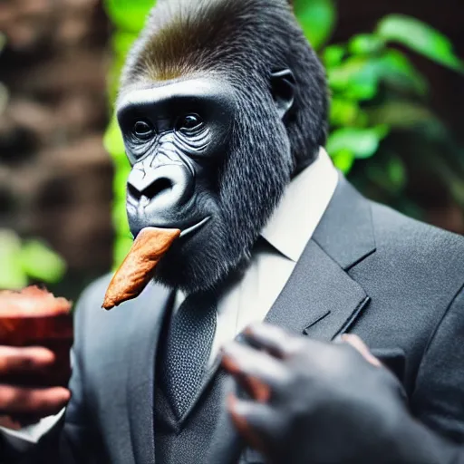 Prompt: gorilla in a suit smoking a cigar and drinking a cocktail in a smoky bar