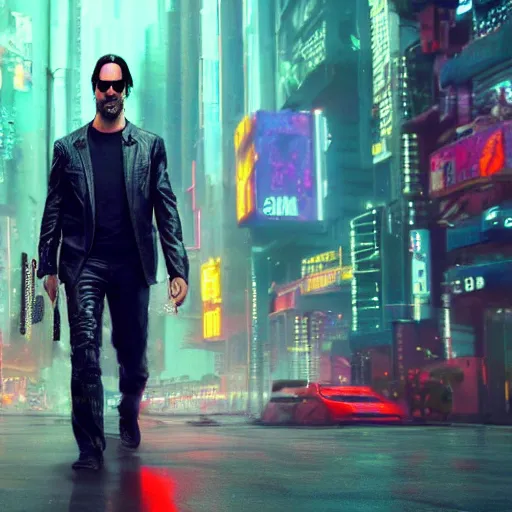 Image similar to high quality photo of Keanu Reeves in a cyberpunk cyberpunk cyberpunk city, realism, 8k, award winning photo