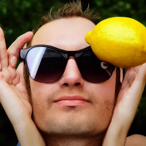 Prompt: a maniac lemon person wearing sunglasses