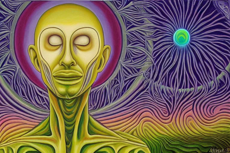 Image similar to painting of a depressed alien meditating under a tree by alex grey, acrylic art, sad, soothing, somber, elegant, soft light,