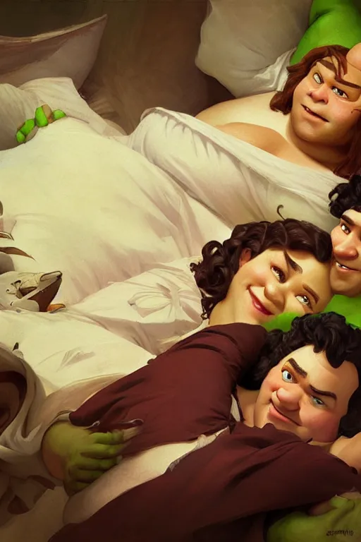 Prompt: pushkin and shrek lying in bed together, portrait, highly detailed, digital painting, artstation, concept art, smooth, sharp focus, illustration, cinematic lighting, art by artgerm and greg rutkowski and alphonse mucha