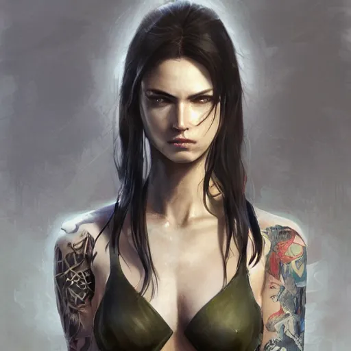 Image similar to tattoo design, a professional painting of a beautiful young female, partially clothed in battle armor, olive skin, long dark hair, beautiful bone structure, symmetrical facial features, intricate, elegant, digital painting, concept art, smooth, sharp focus, illustration, from Metal Gear, by Ruan Jia and Mandy Jurgens and Greg Rutkowski and Artgerm and William-Adolphe Bouguerea and artgerm, cat girl, anime