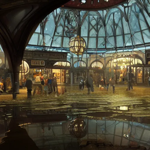 Prompt: a market of a medeveil english town under a large glass dome with a small crack where sea water is leaking and creating a puddle on the floor, under the sea, highly detailed, cinematic lighting, render, fantasy