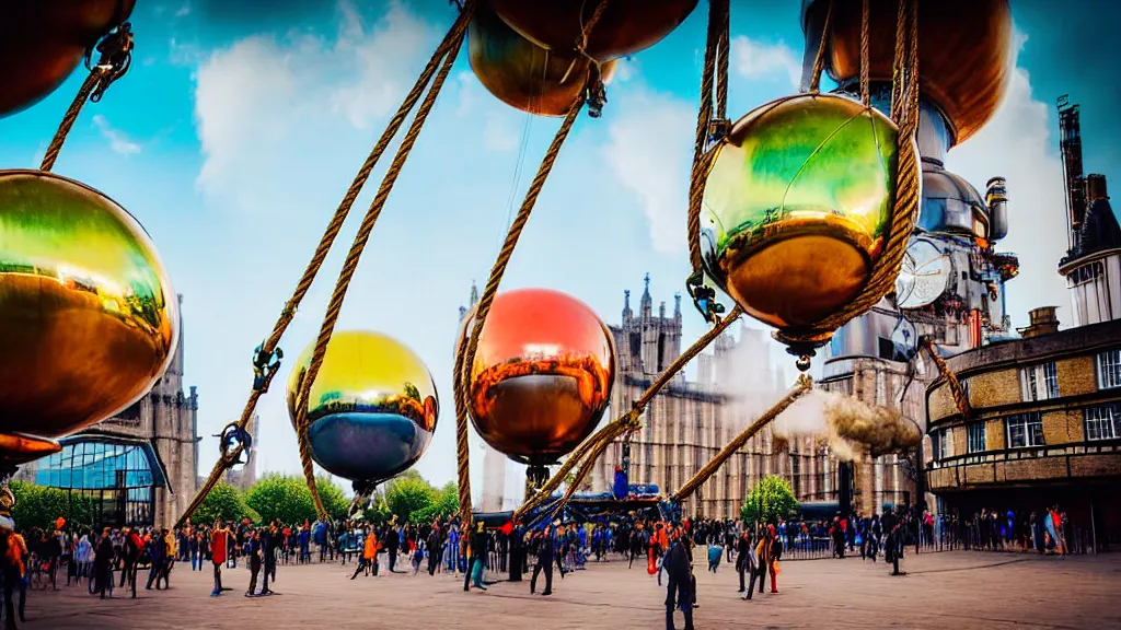 Image similar to large colorful futuristic space age metallic steampunk steam - powered balloons with pipework and electrical wiring around the outside, and people on rope swings underneath, flying high over the beautiful medieval london city landscape, professional photography, 8 0 mm telephoto lens, realistic, detailed, photorealistic, photojournalism